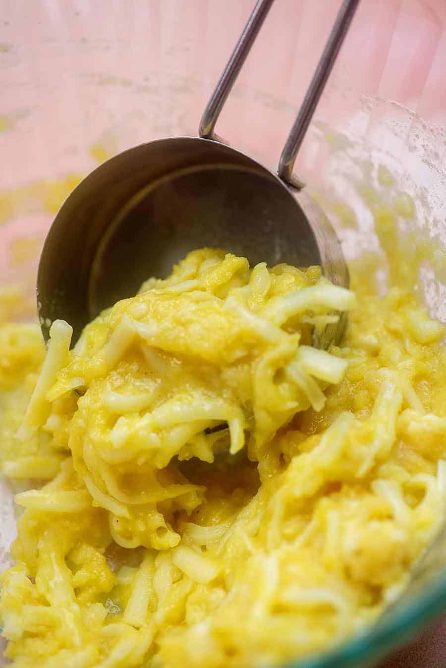 chaffle batter in a glass bowl