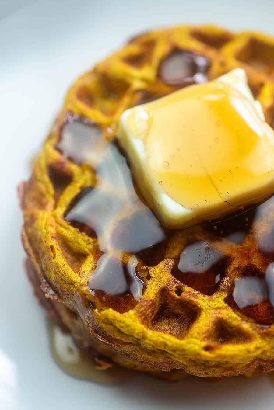 butter and low carb syrup on a pumpkin chaffle