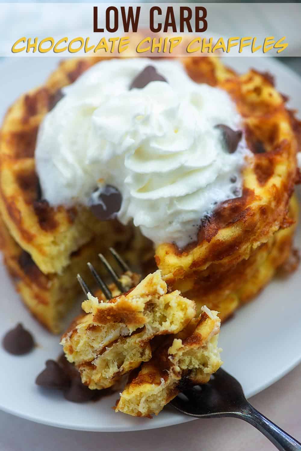 keto waffle with chocolate chips and whipped cream