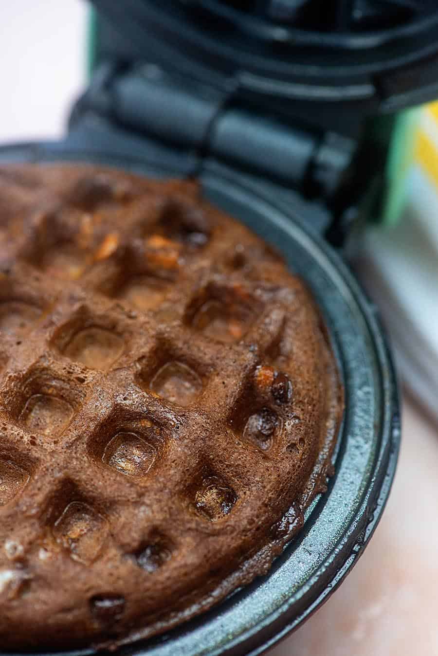 chocolate chaffles in waffle iron