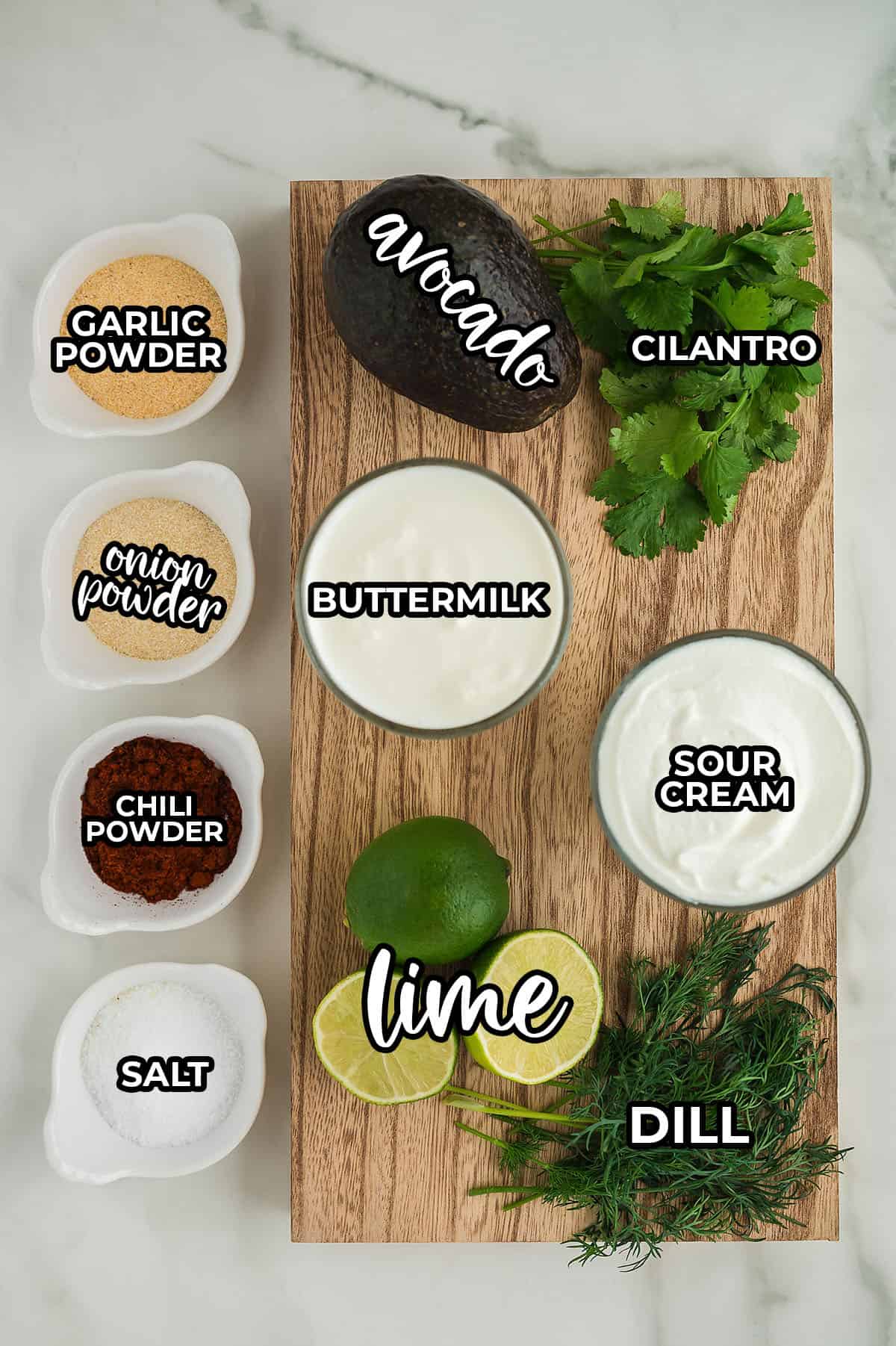 Ingredients for avocado salad dressing.