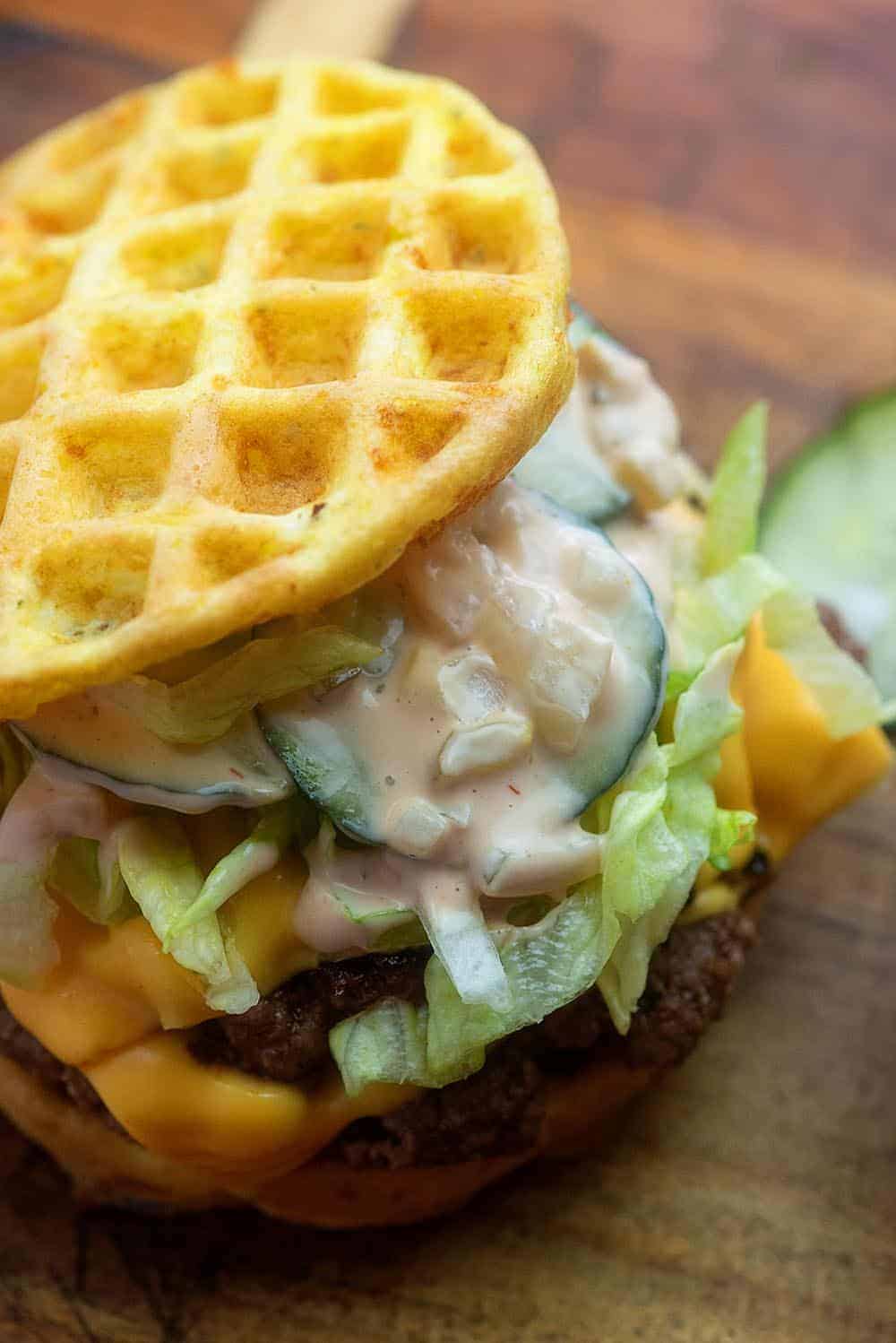 chaffle cheeseburger with thousand island and lettuce