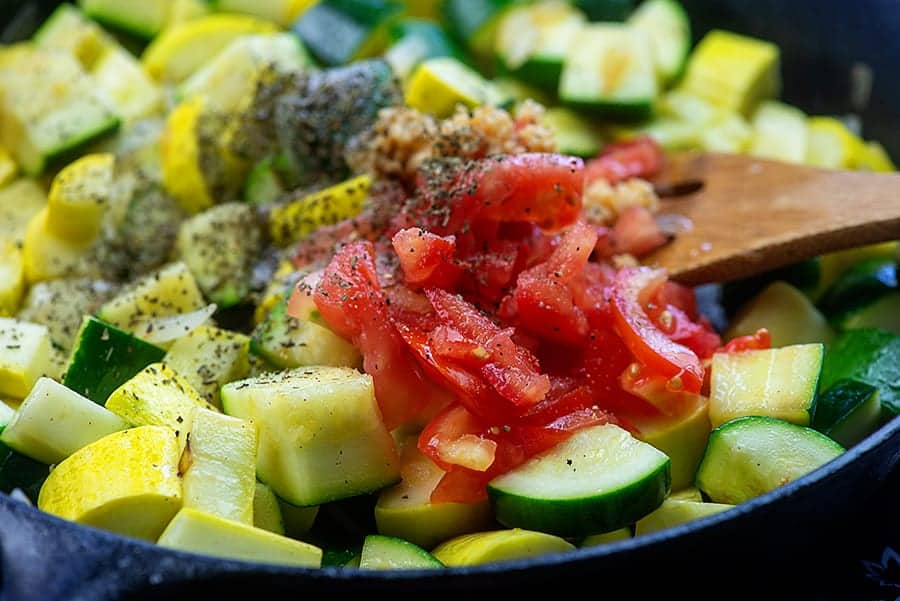 sauteed zucchini with squash, tomatoes, and garlic