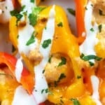 Mini sweet peppers stuffed with buffalo chickkne.
