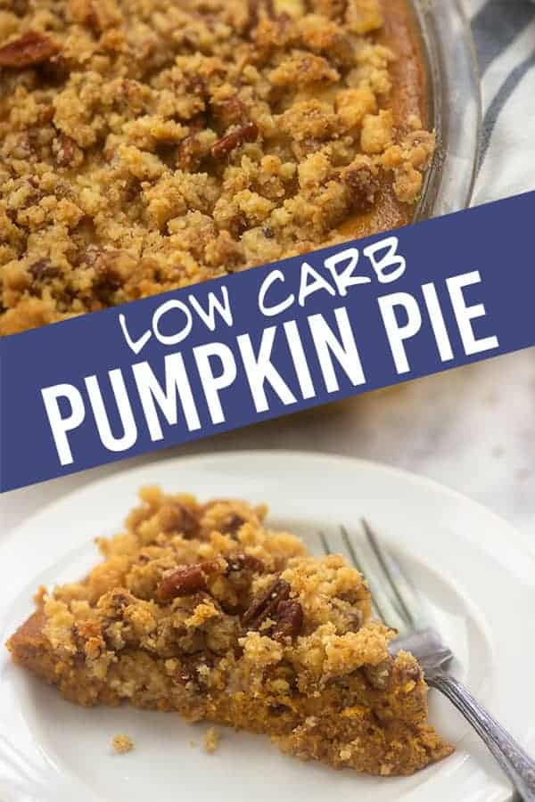 A close up of pumpkin pie topped with streusel in a clear glass pie pan.