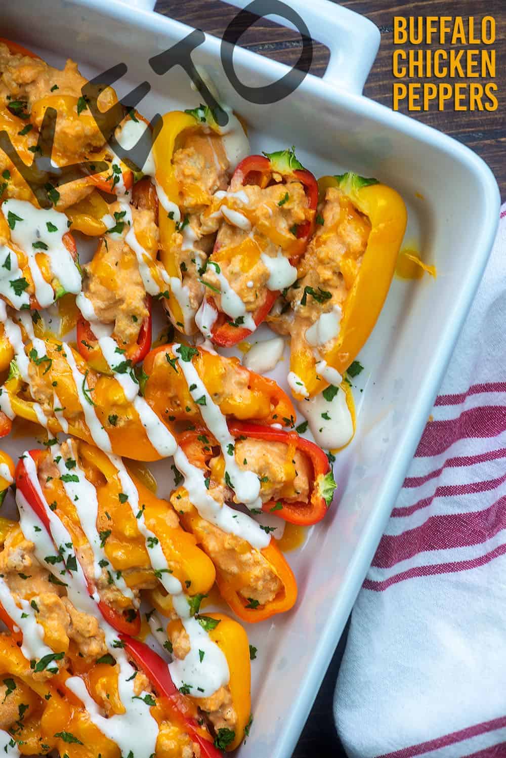 many buffalo chicken peppers in a white baking sheet