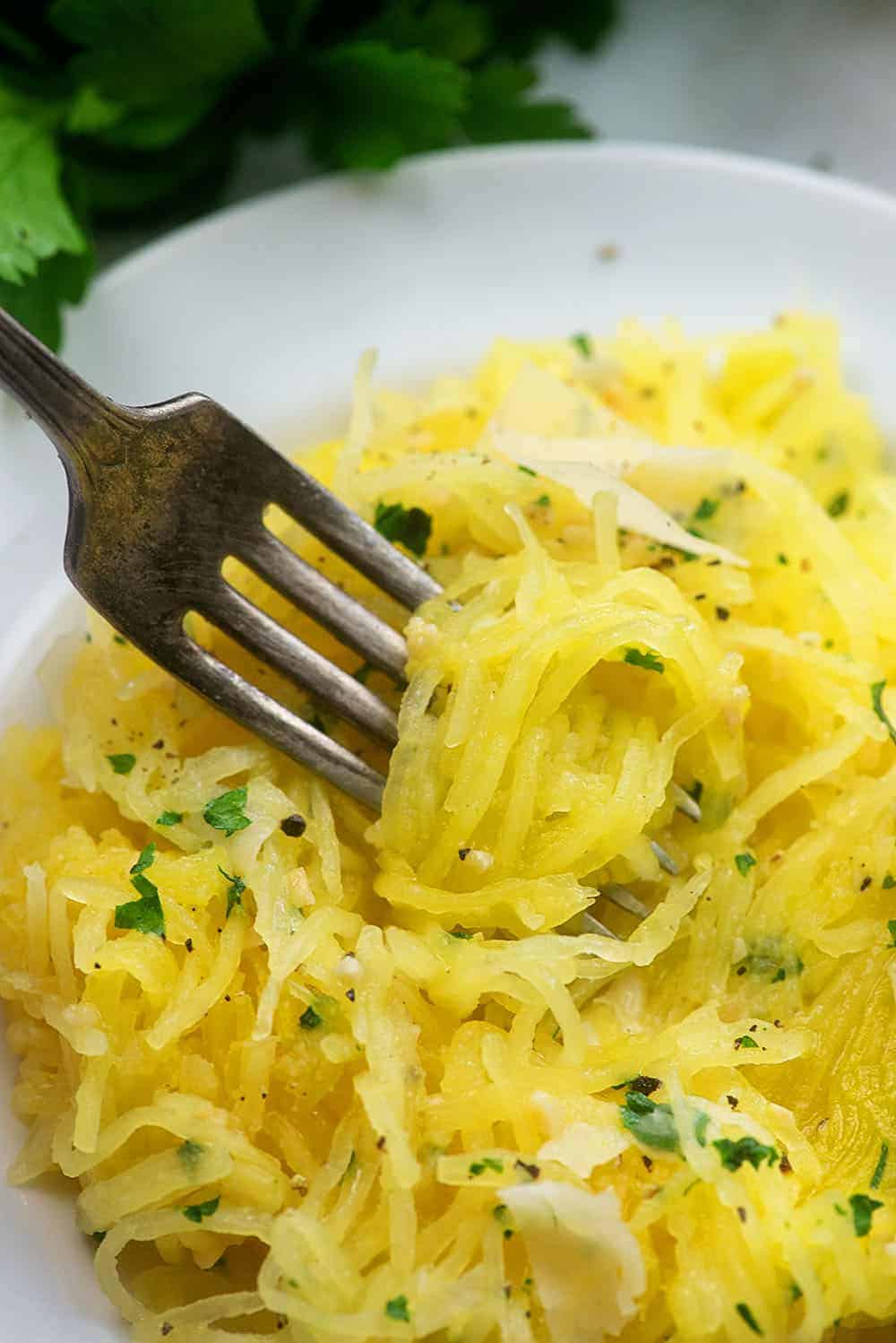 spaghetti squash with garlic butter on a white plate 