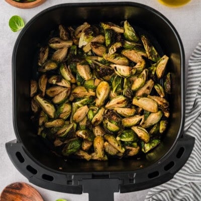 Air fryer brussels sprouts in basket.