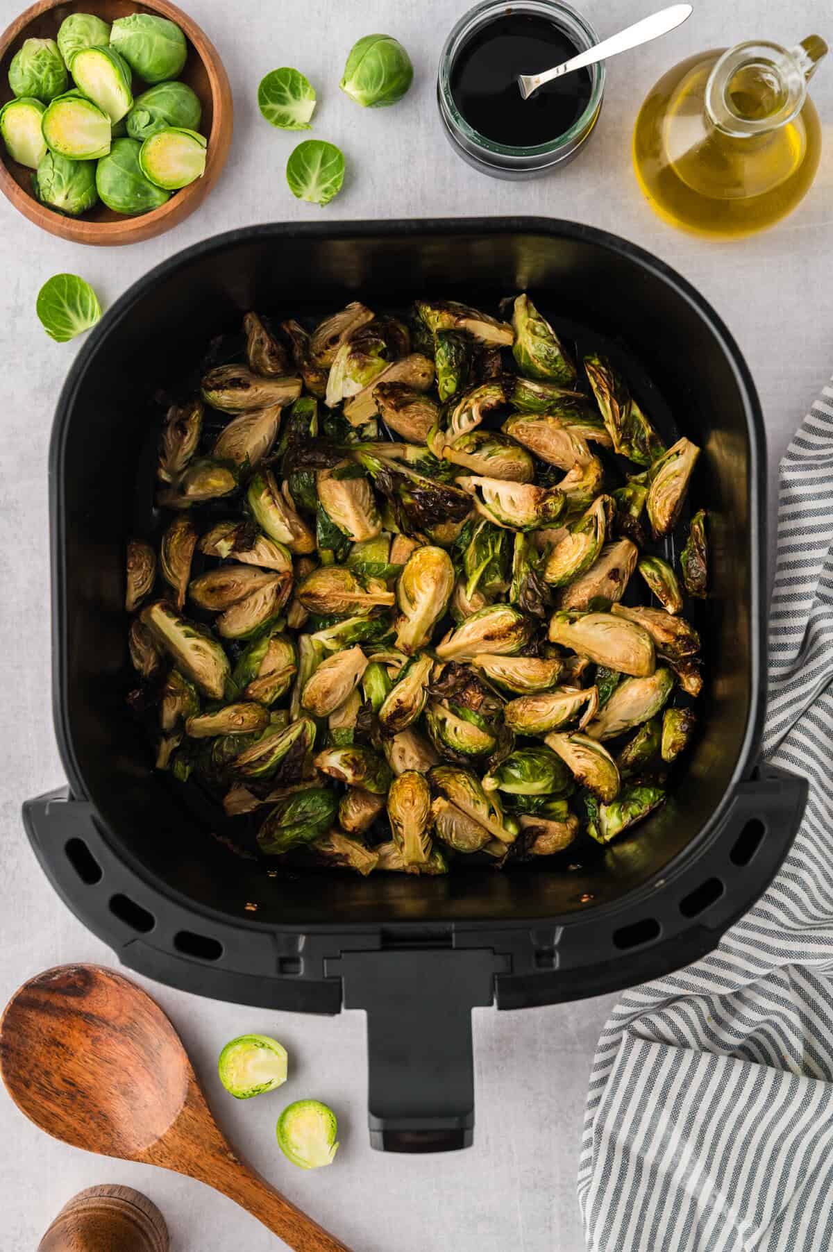 Air fryer brussels sprouts in basket.
