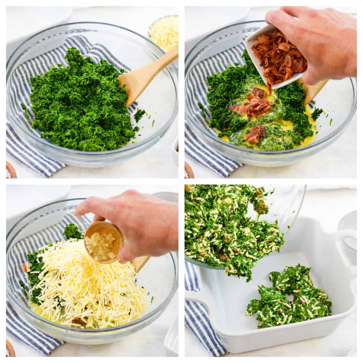 Collage showing how to make spinach casserole.