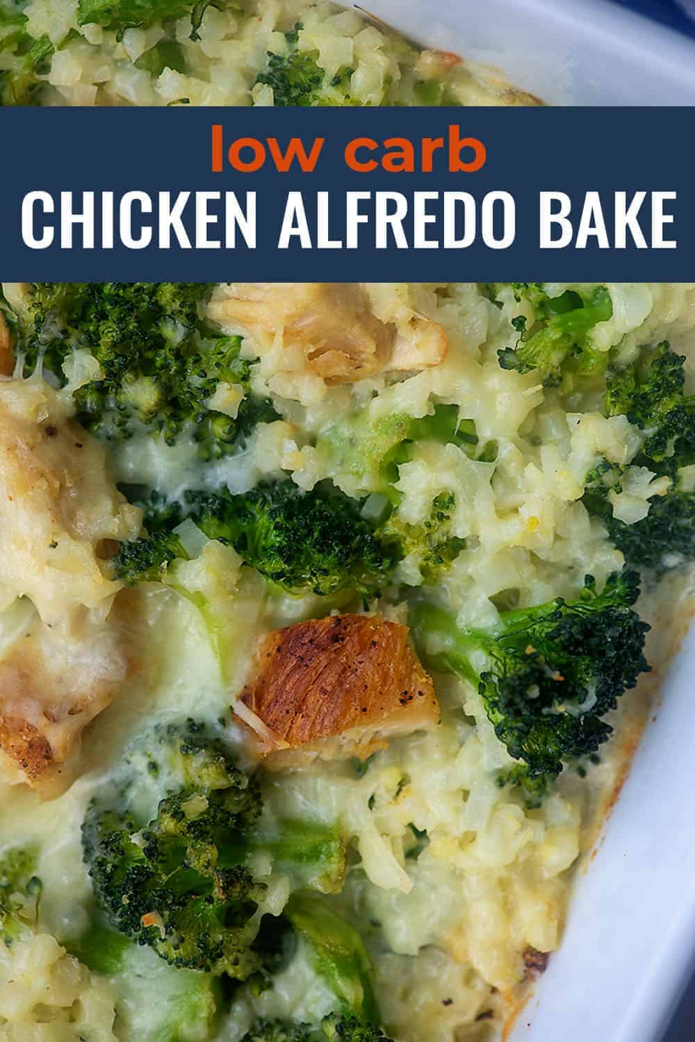 chicken alfredo bake in a white baking pan