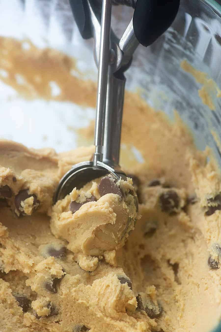 keto peanut butter balls in a cookie scoop
