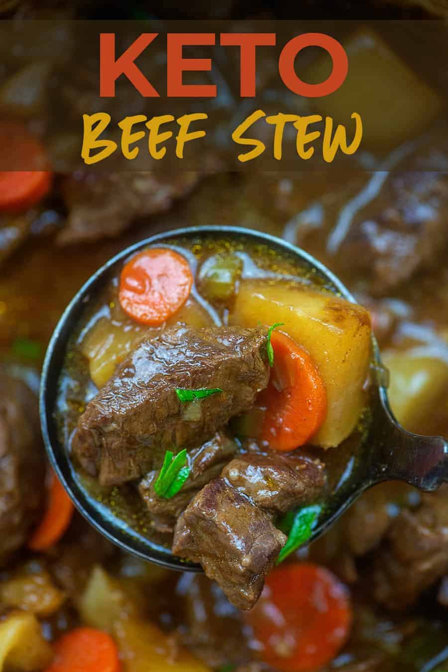 keto beef stew with turnips in a laddle