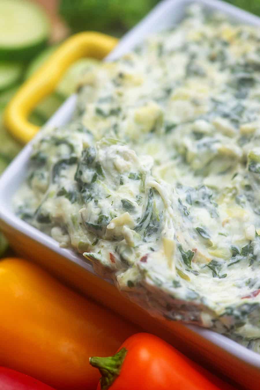 keto spinach dip in yellow bowl