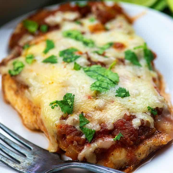 A close up of a plate of food with a slice of pizza, with Chicken and Salsa