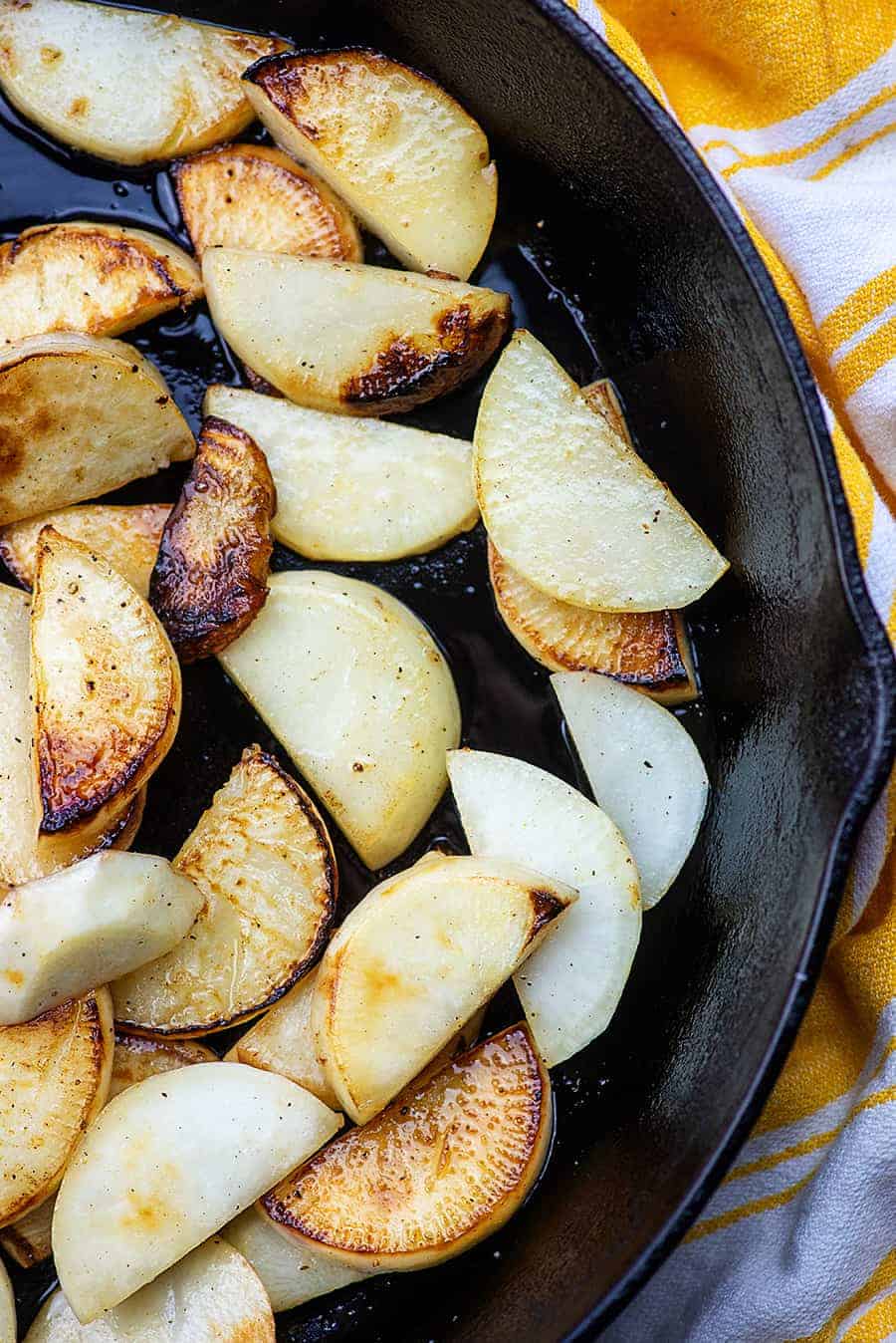 low carb turnip wedges in cast iron skillet