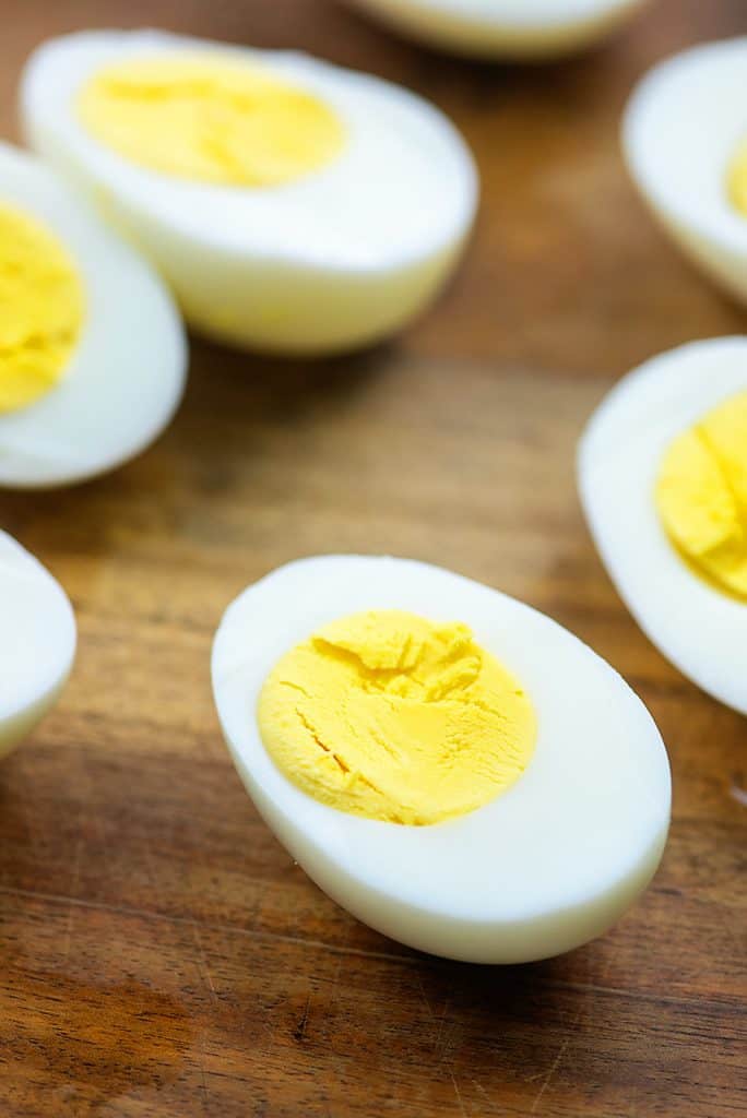 hard boiled eggs sliced in half