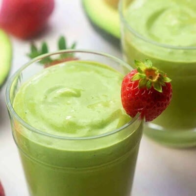 strawberry avocado smoothie in glass