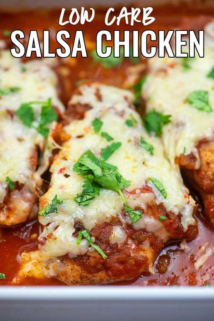 Baked Salsa Chicken - this takes about 10 minutes to throw together and the chicken comes out so juicy and full of flavor. Just 2 carbs per piece too! #lowcarb #keto #chicken