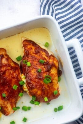 bbq chicken breasts stuffed with ranch in baking dish