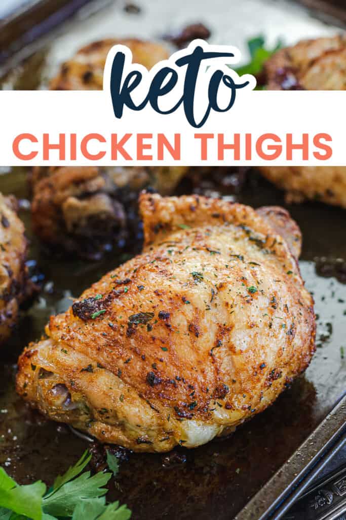 baked chicken thigh on sheet pan with text for Pinterest.