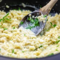 cauliflower rice risotto in cast iron skillet