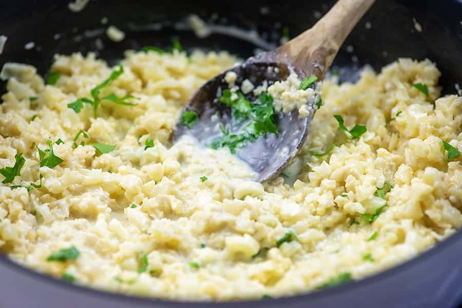 cauliflower rice risotto in cast iron skillet