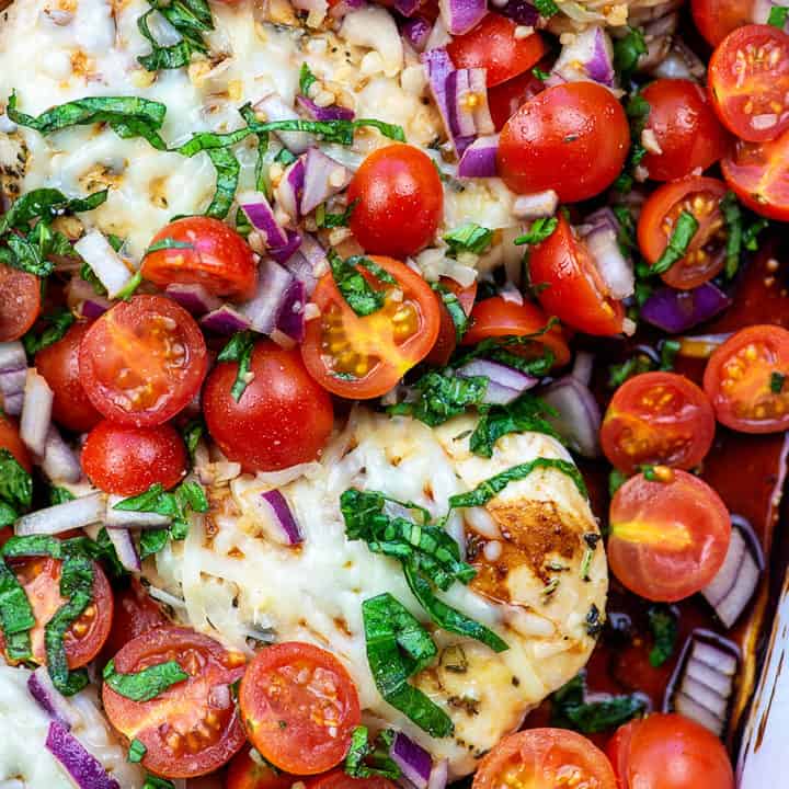 A close up of food, with Bruschetta and Chicken