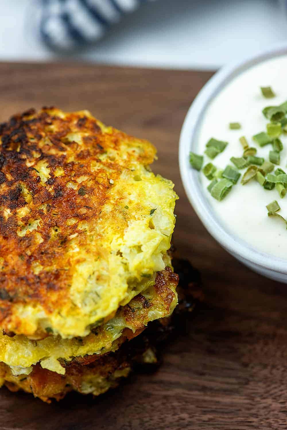 cauliflower fritters on cutting board