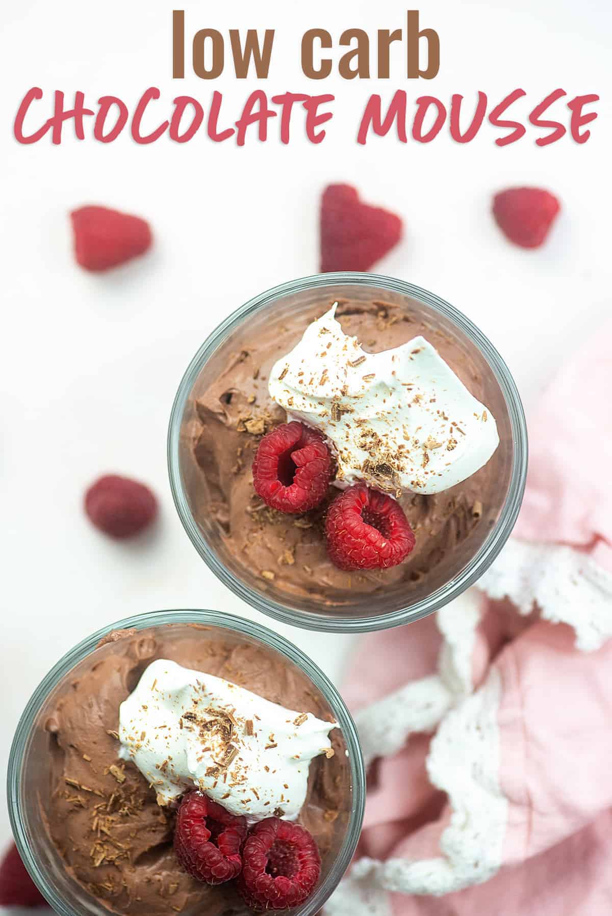low carb chocolate mousse recipe in glass dishes with raspberries