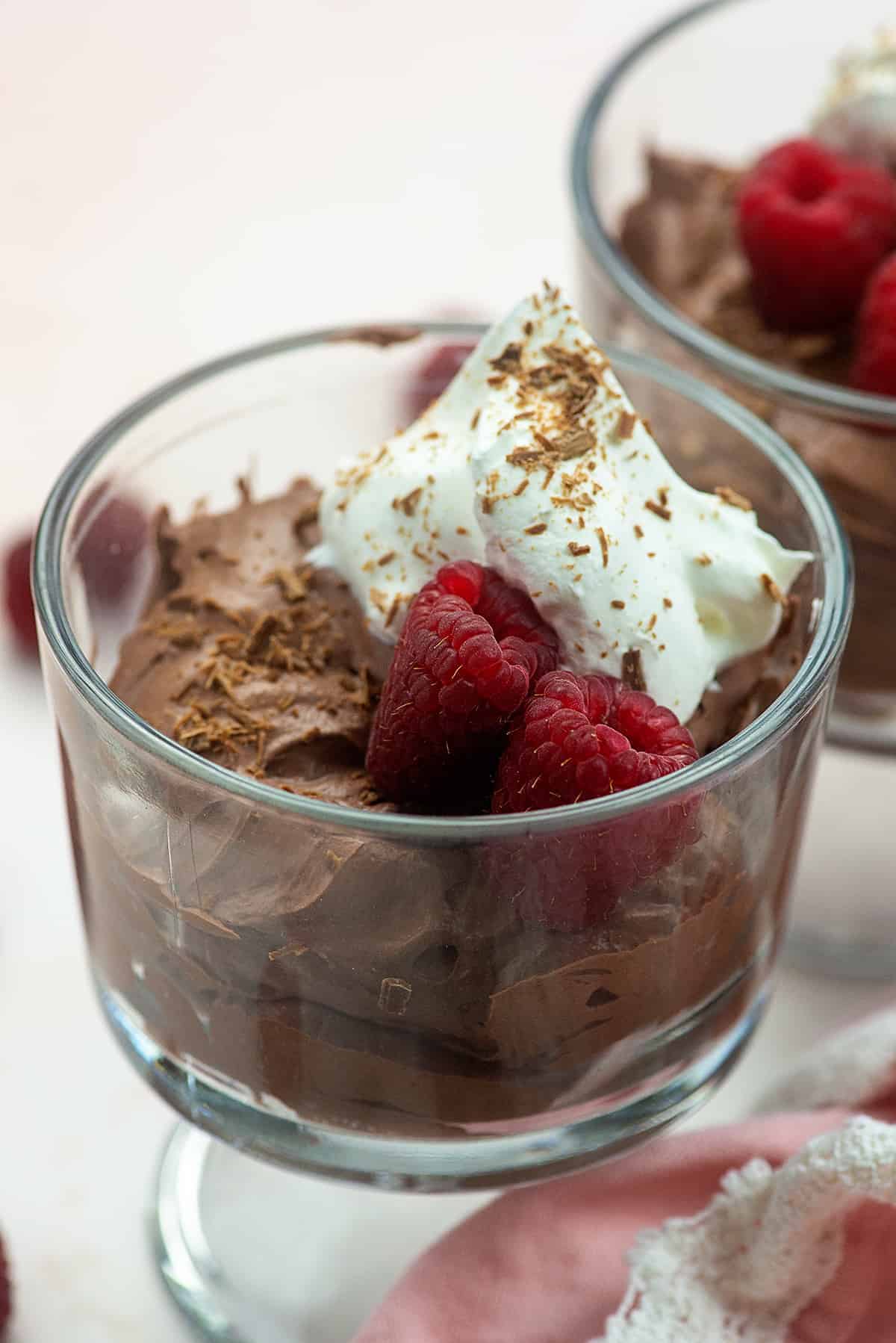 chocolate mousse in glass serving dish