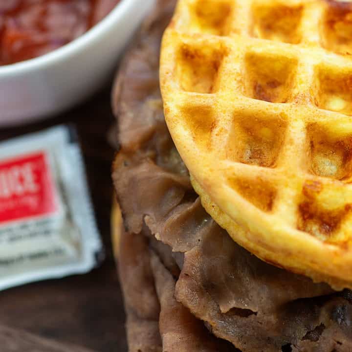 thin sliced roast beef on chaffle with Arby's sauce