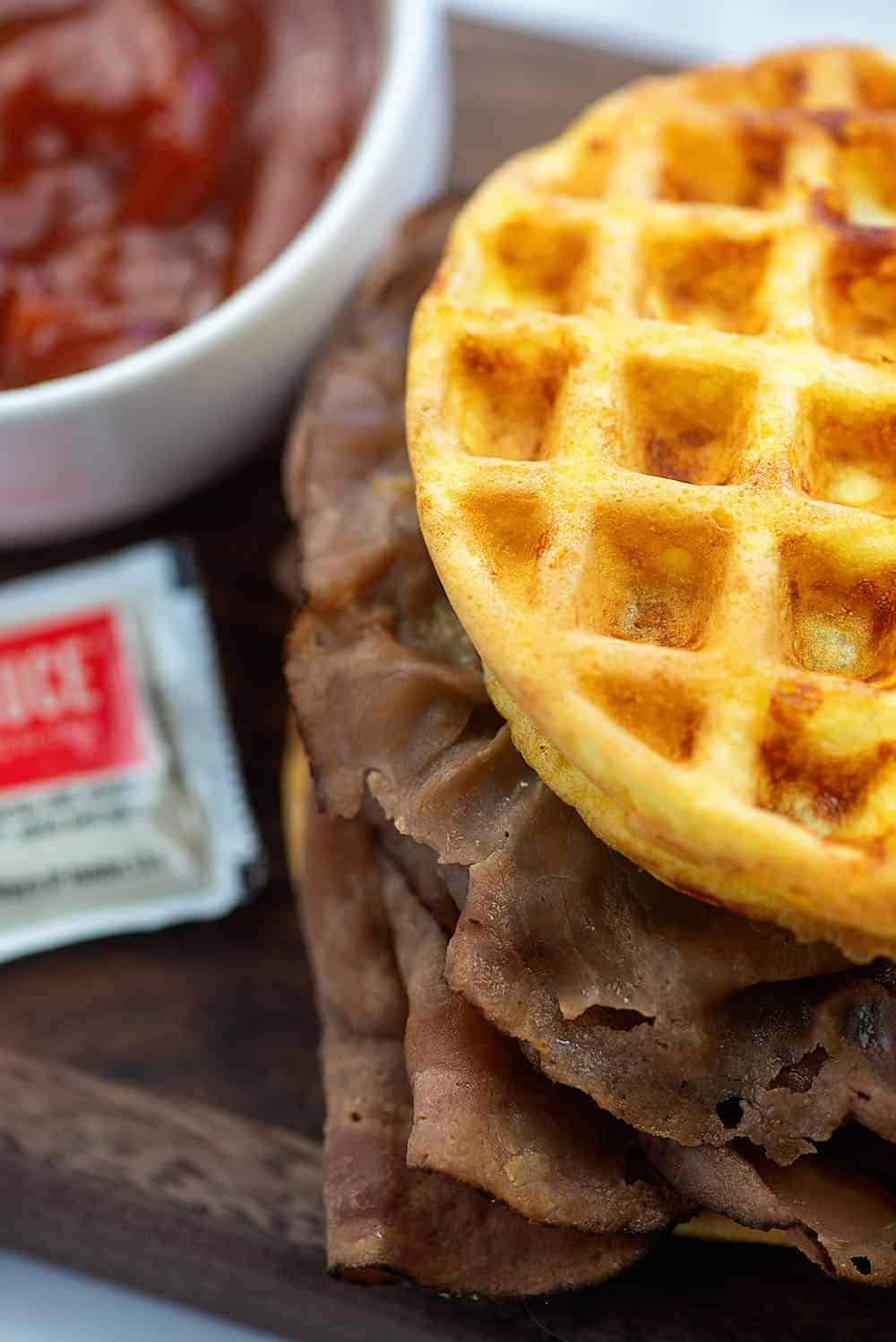 thin sliced roast beef on chaffle with Arby's sauce