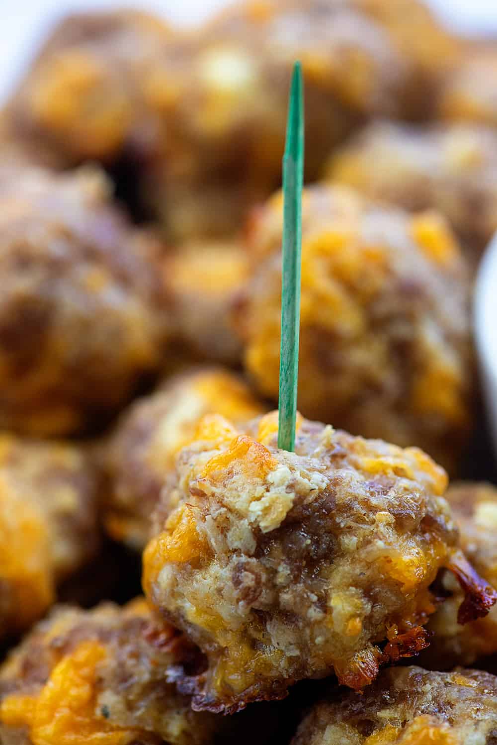 cream cheese sausage ball on toothpick