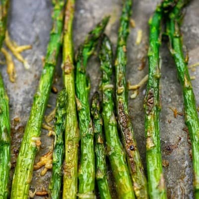 easy roasted asparagus on metal baking sheet
