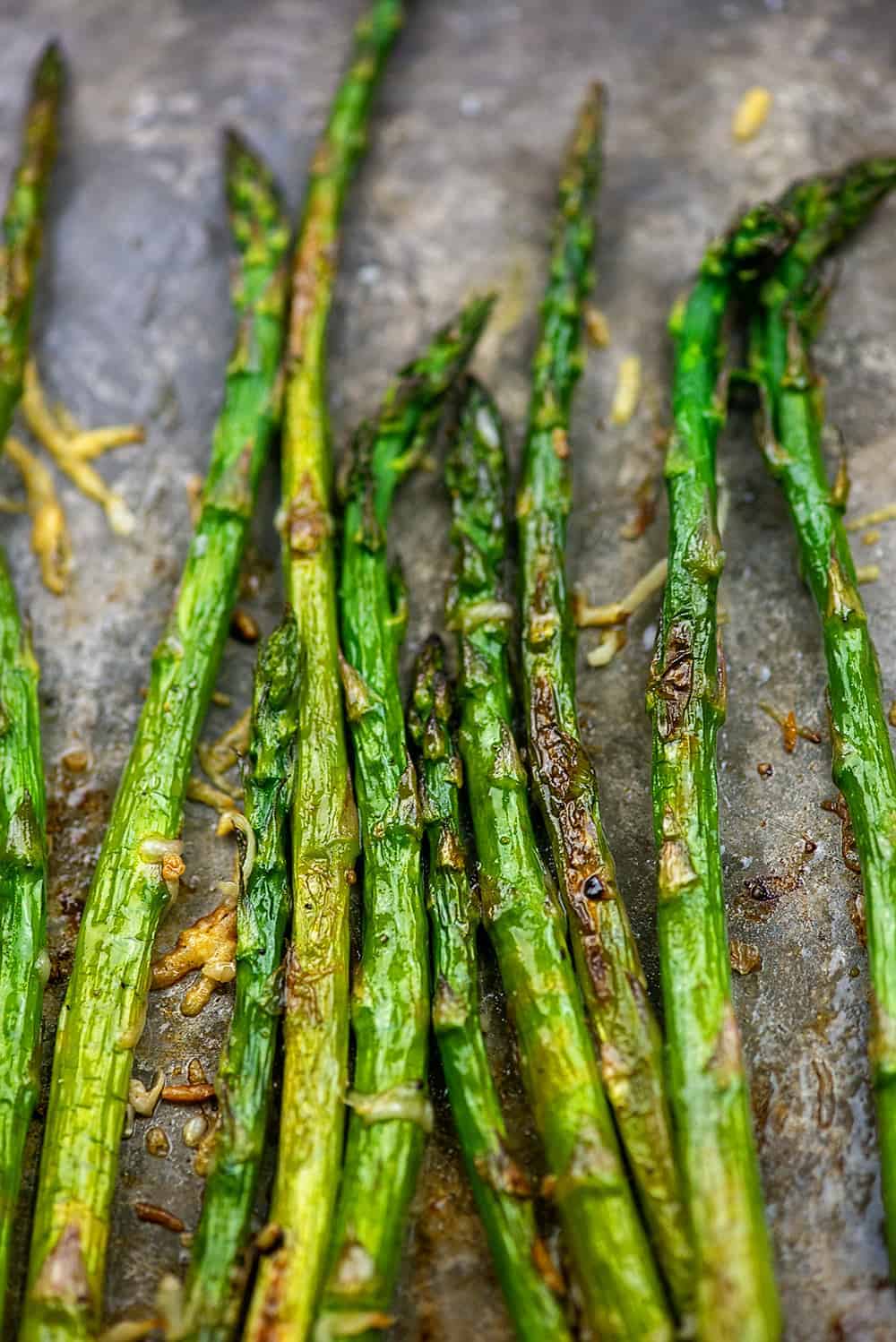 easy roasted asparagus on metal baking sheet