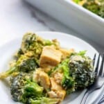 keto broccoli and chicken casserole on white plates