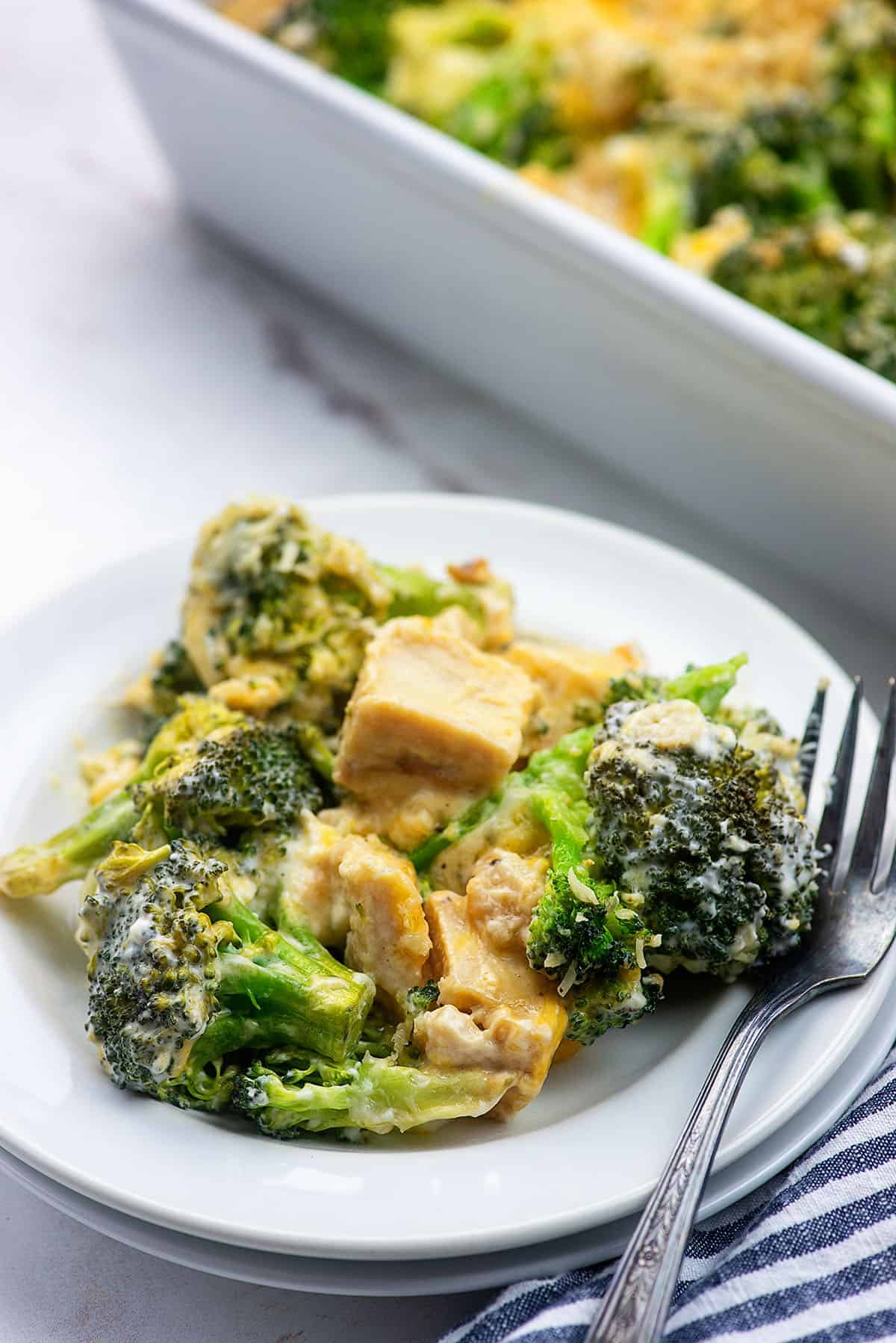 keto broccoli and chicken casserole on white plates