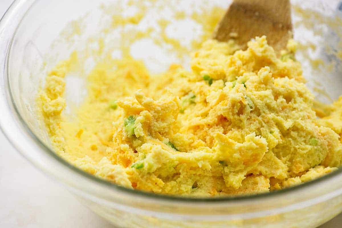 low carb cornbread batter in mixing bowl