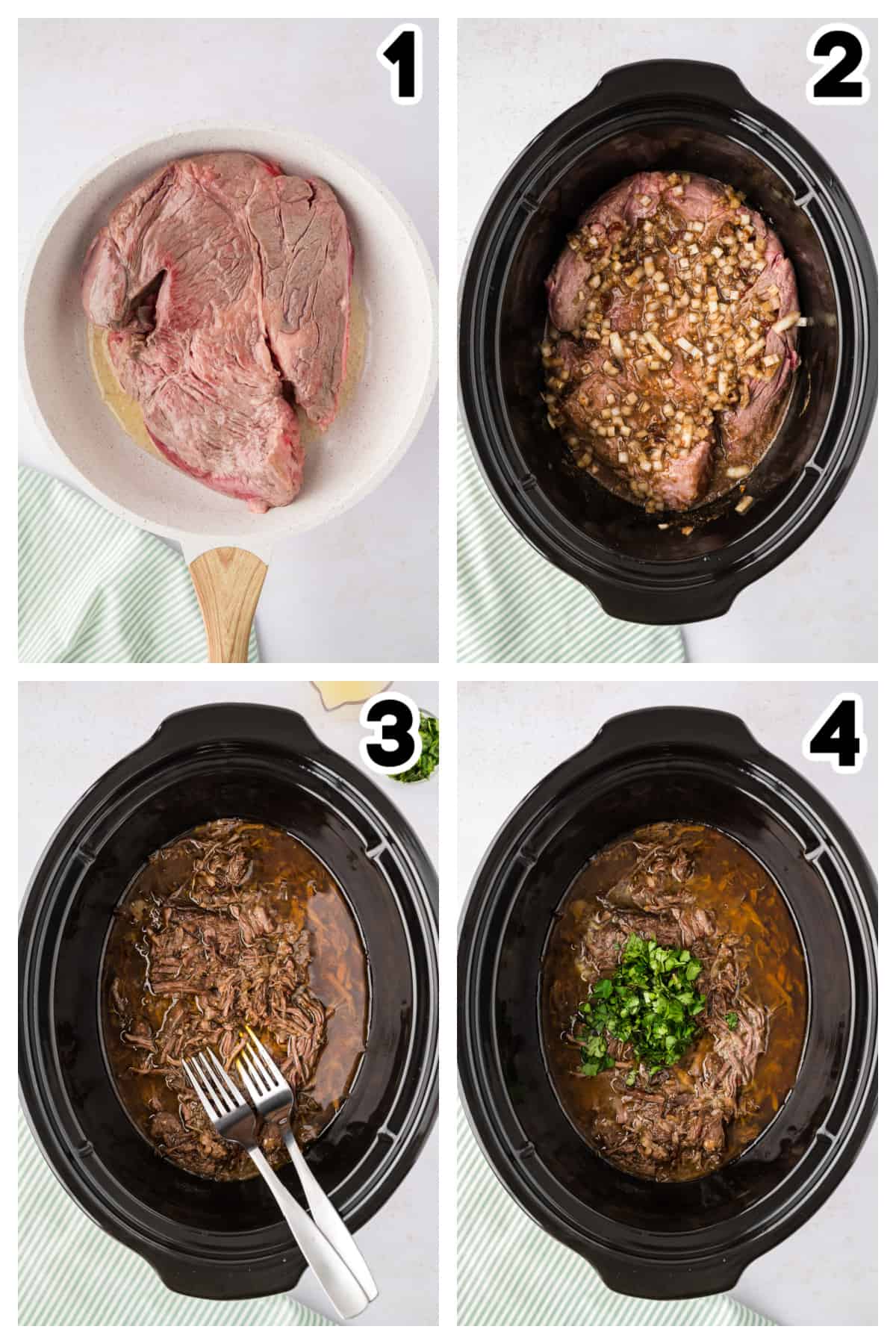 Collage showing how to make Mexican shredded beef in the crockpot.