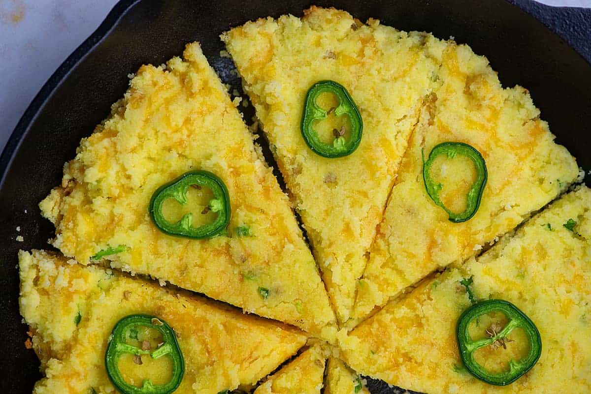 cheesy jalapeno cornbread in skillet