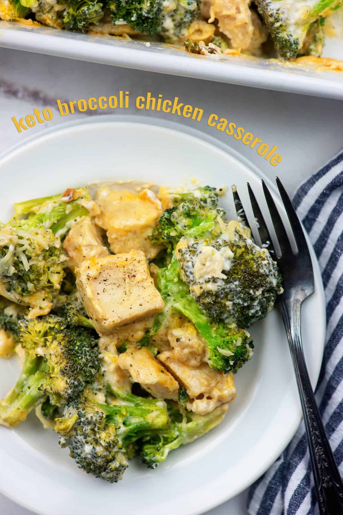 keto broccoli chicken casserole on white plate