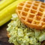 A close up of egg salad on a chaffle.