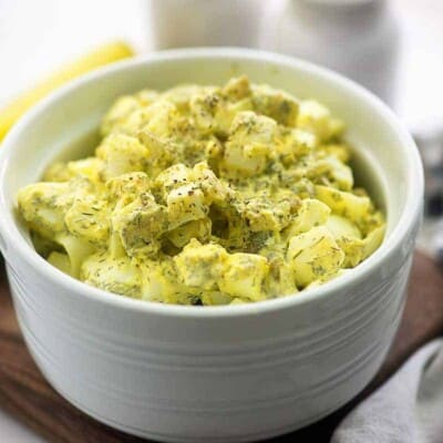 dill pickle egg salad recipe in white bowl