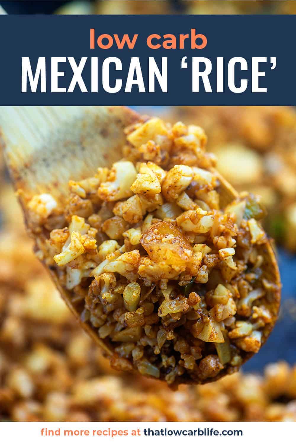 A wooden spoon holding Mexican cauliflower rice up to the camera.