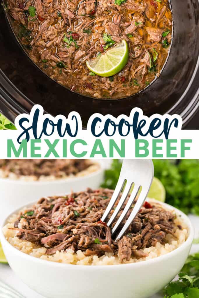 Collage of crockpot Mexican shredded beef images.