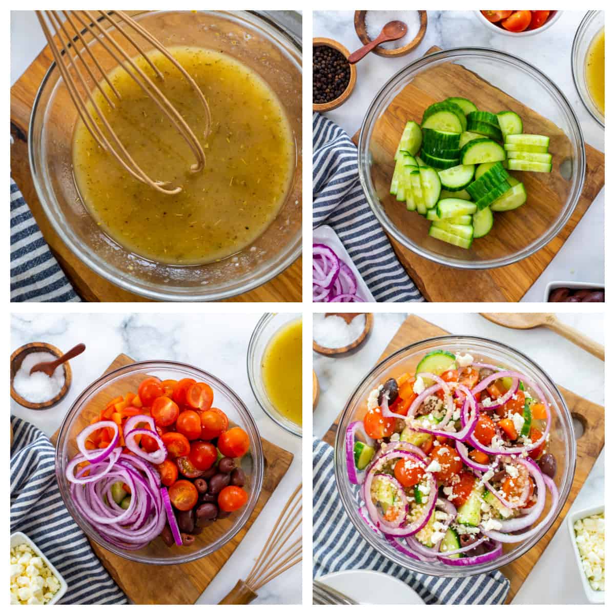 Collage showing how to make Greek cucumber salad.