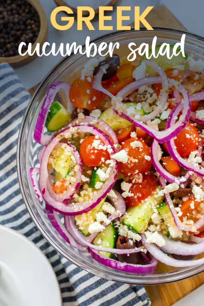 Bowl full of Greek cucumber salad recipe.