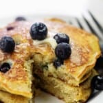 low carb blueberry pancakes on white plate