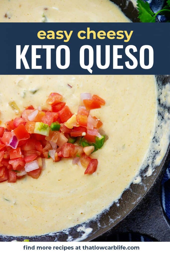 easy queso recipe in cast iron skillet with pico de gallo on top